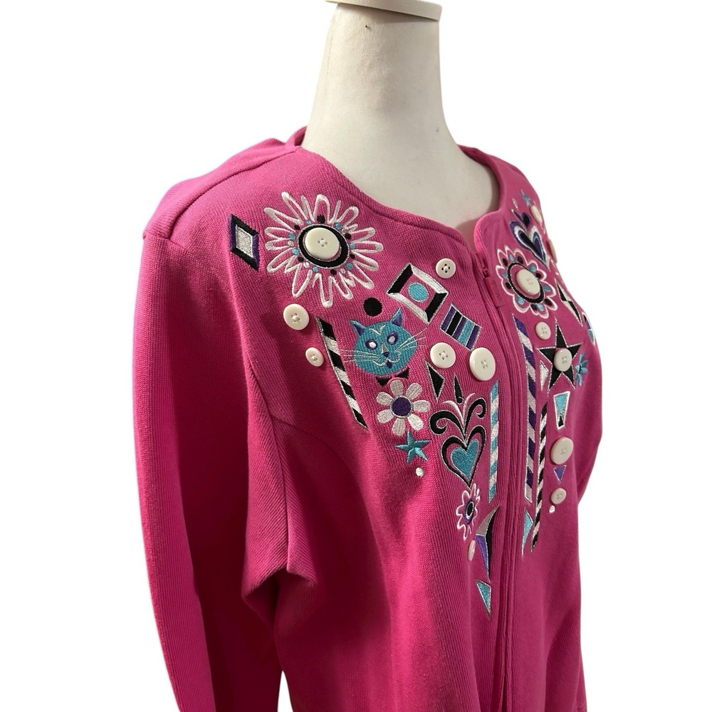 Bob Mackie Wearable Art Zip Front Cardigan Embroidered & Buttons Sz XL - Picture 3 of 9